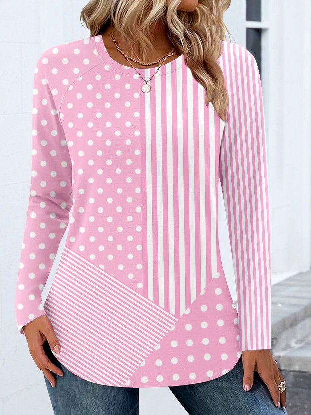 Women Casual Color Block Spring/Fall Cotton Micro-Elasticity Daily Crew Neck A-Line Regular T-shirts