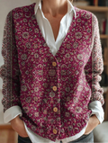 Vintage Ethnic Floral Art Print Buttoned V-neck Cardigan Sweater