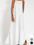 Women's Sleeveless Summer White Plain Split Joint Crew Neck Daily Going Out Vintage Maxi A-Line Tank Dress