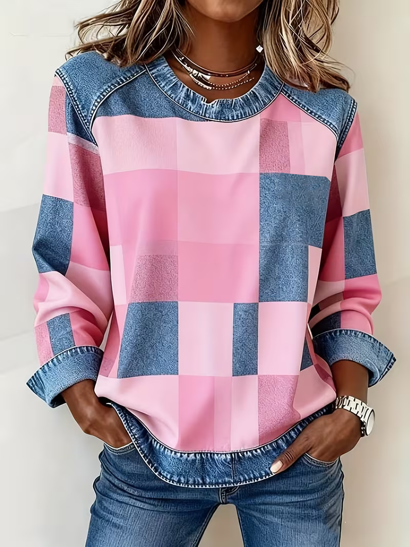 Women's Plaid Print Patchwork Denim Crewneck Long-Sleeved Sweatshirt