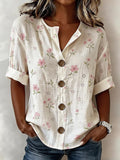 Women's Floral Print Linen Blend V-Neck Button Front Rolled Sleeve Blouse