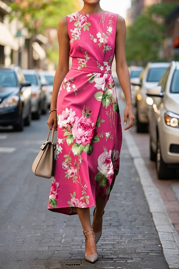 Women’s Elegant Pink Floral Print Sleeveless Midi Dress