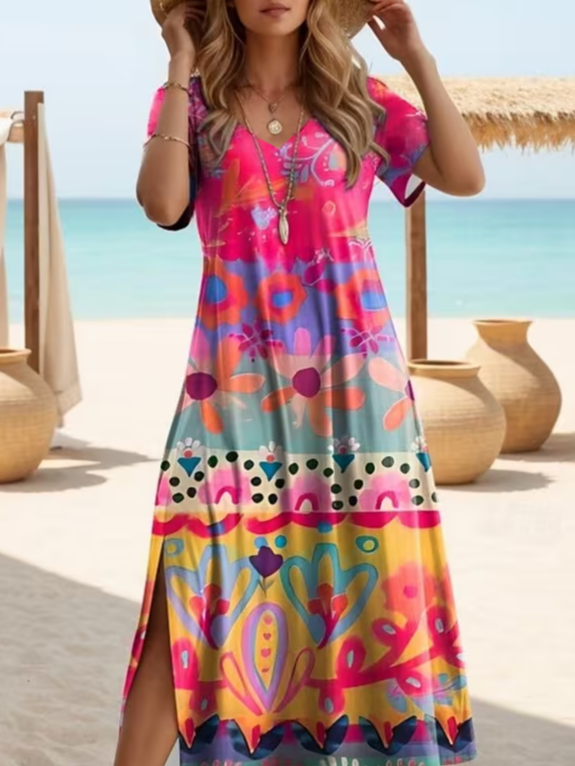 Women's Short Sleeve Summer Pink Floral Printing V Neck Daily Going Out Casual Maxi X-Line Dress