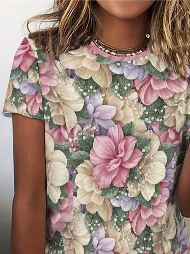 Women's Short Sleeve T-shirt Summer As Picture Floral Printing Jersey Crew Neck Daily Going Out Casual Top