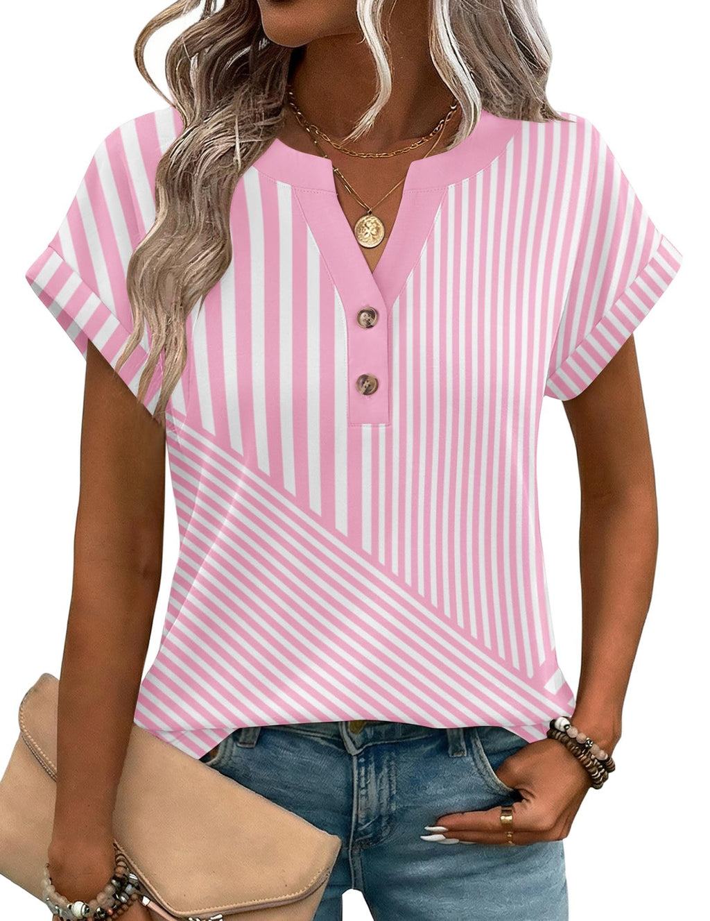 Elegant V Neck Geometric Cotton T-Shirt