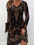 Women's Long Sleeve Summer Black Floral Printing V Neck Holiday Going Out Vintage Midi A-Line Tunic Dress