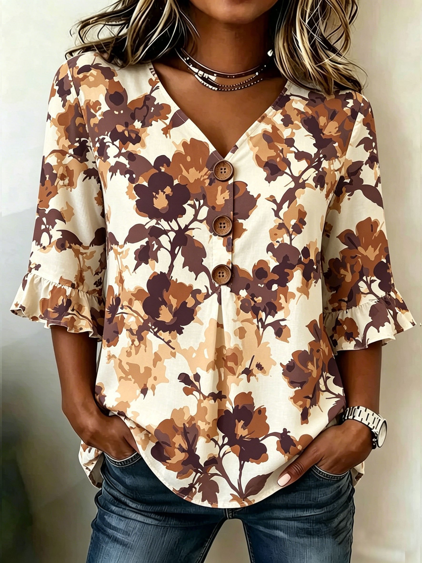 Women's Floral Half Ruffle Sleeve Blouse Summer V Neck Button Daily Going Out Vintage Top