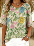 Loose Casual Floral Cotton-Blend T-Shirt