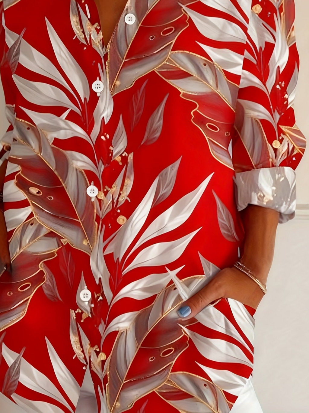 Women's Long Sleeve Shirt Spring/Fall Red Plants Buckle Shirt Collar Daily Going Out Casual Top