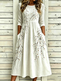 Women’s White Floral Branch Print Boho Cotton Linen Maxi Dress with Short Sleeves