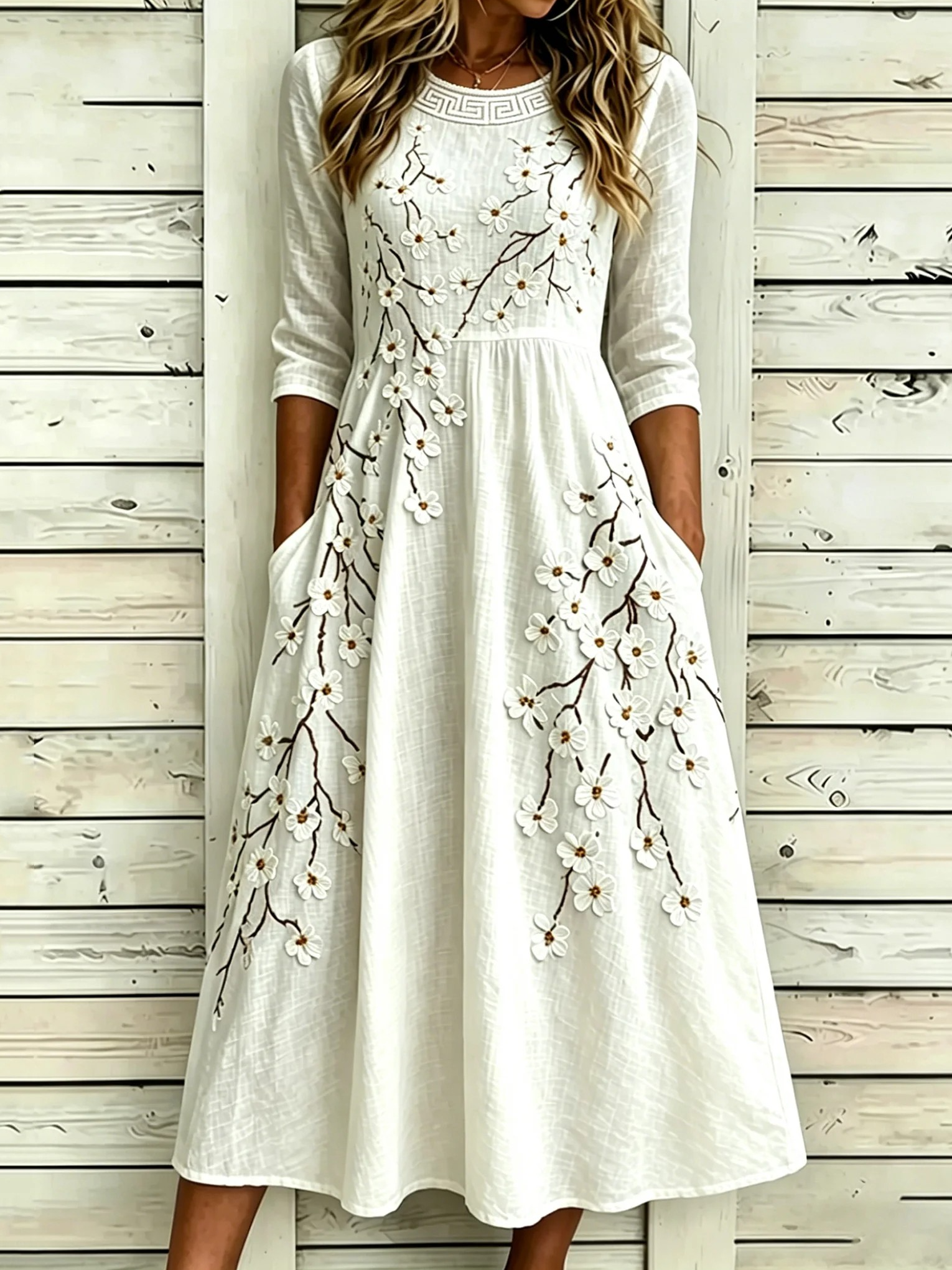 Women’s White Floral Branch Print Boho Cotton Linen Maxi Dress with Short Sleeves
