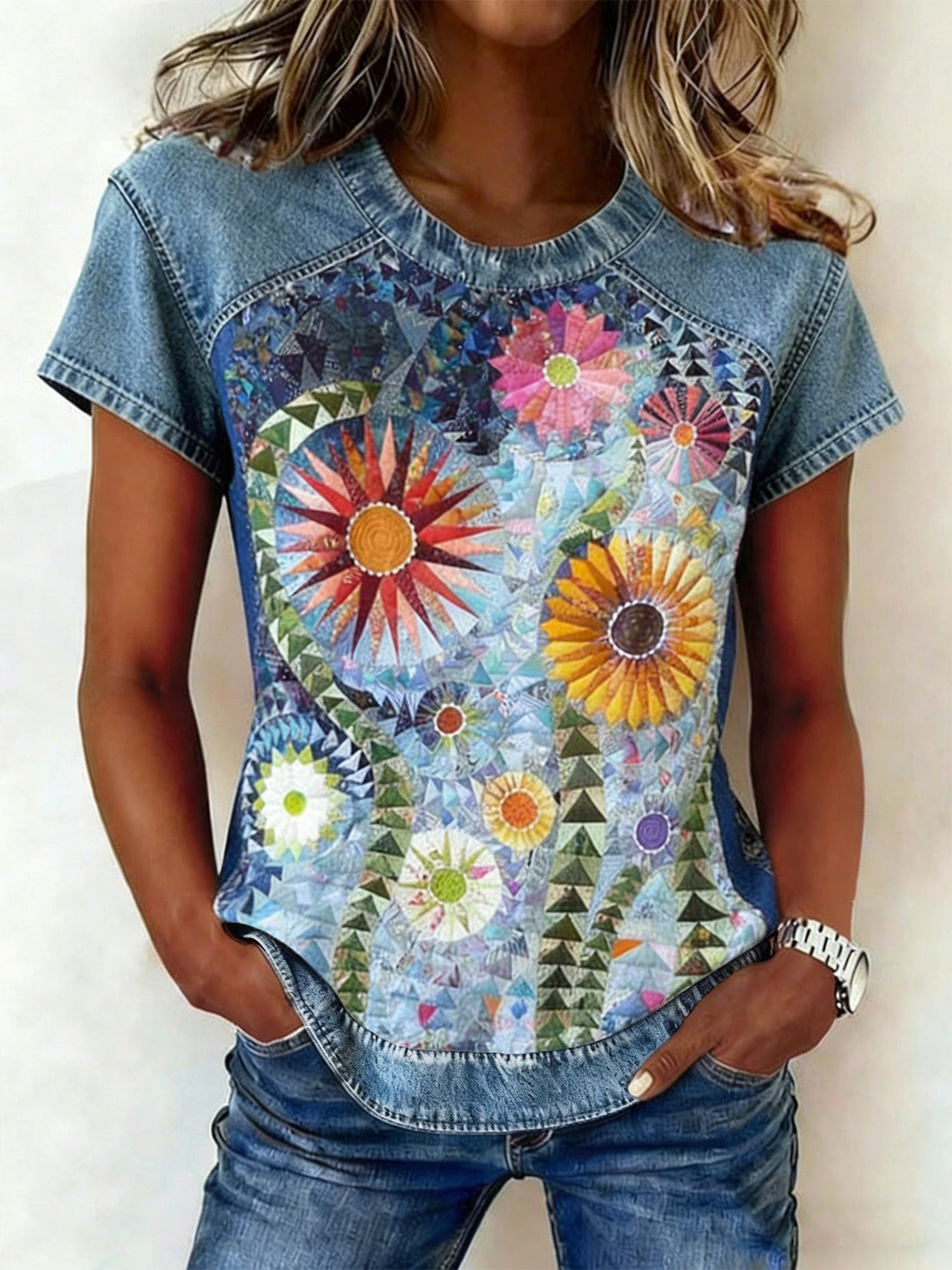 Denim Casual Pop Art Print Crew Neck T-Shirt