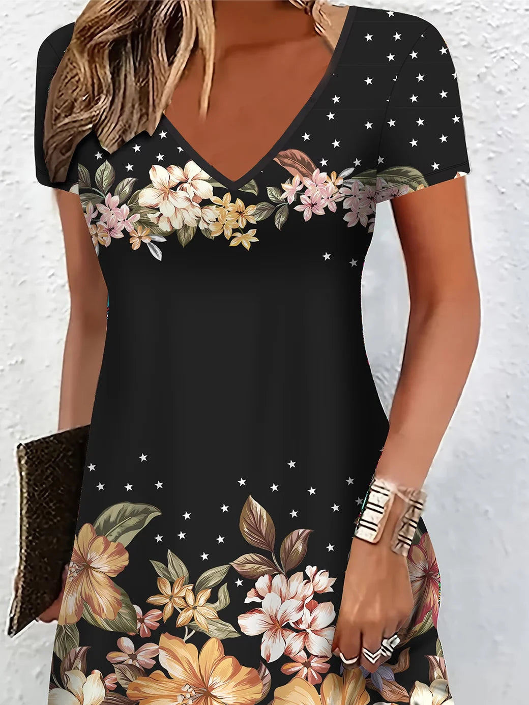 Women's Short Sleeve Summer Black Floral Printing V Neck Daily Going Out Casual Midi A-Line Classic Dress