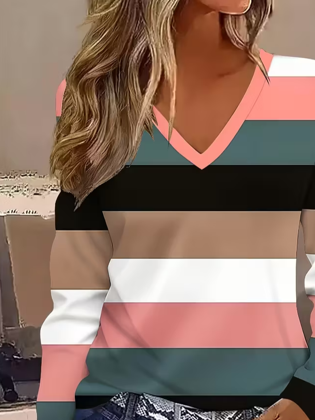 Women's Long Sleeve T-shirt Spring/Fall As Picture Striped Printing Jersey V Neck Daily Going Out Casual Top