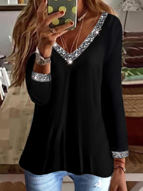 Loose Multicolor Block V Neck Casual T-Shirt