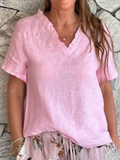 Women's Short Sleeve T-shirt Summer White Plain Split Joint Cotton And Linen V Neck Daily Going Out Casual Top