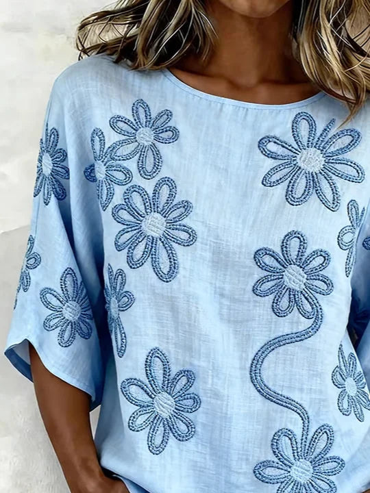 Women's Half Sleeve Blouse Summer Blue Floral Printing Crew Neck Daily Going Out Vintage Top