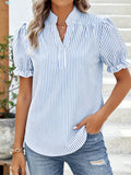 Striped Puff Short Sleeve V Neck Ruffle Summer Going Out Casual Top