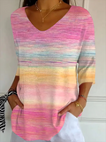 Women's Three Quarter Sleeve T-shirt Spring/Fall Pink Abstract Printing V Neck Daily Going Out Casual Top