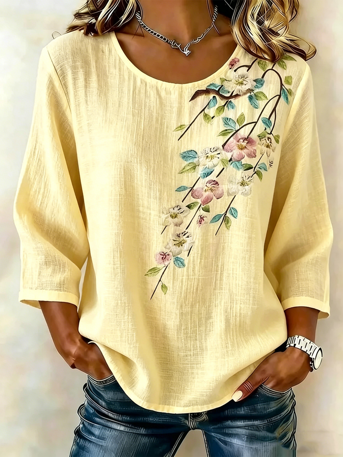 Women’s White Floral Bird Print 3/4 Sleeve Round Neck Boho Blouse