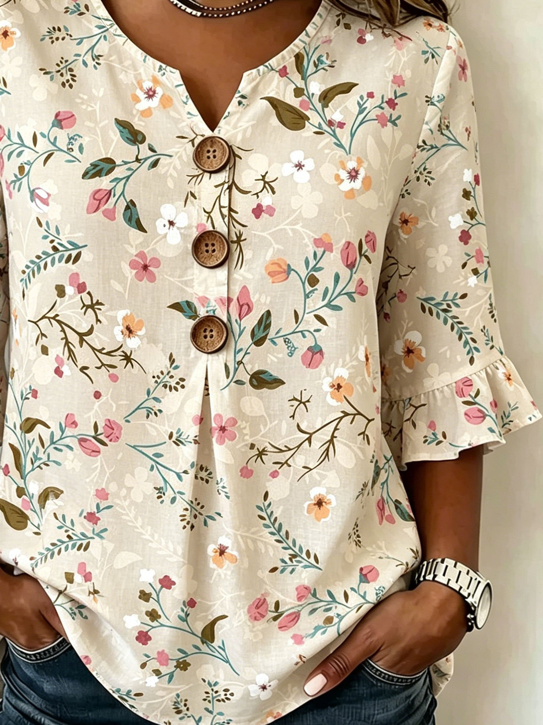 Women's Floral Half Ruffle Sleeve Blouse Summer V Neck Button Daily Going Out Vintage Top
