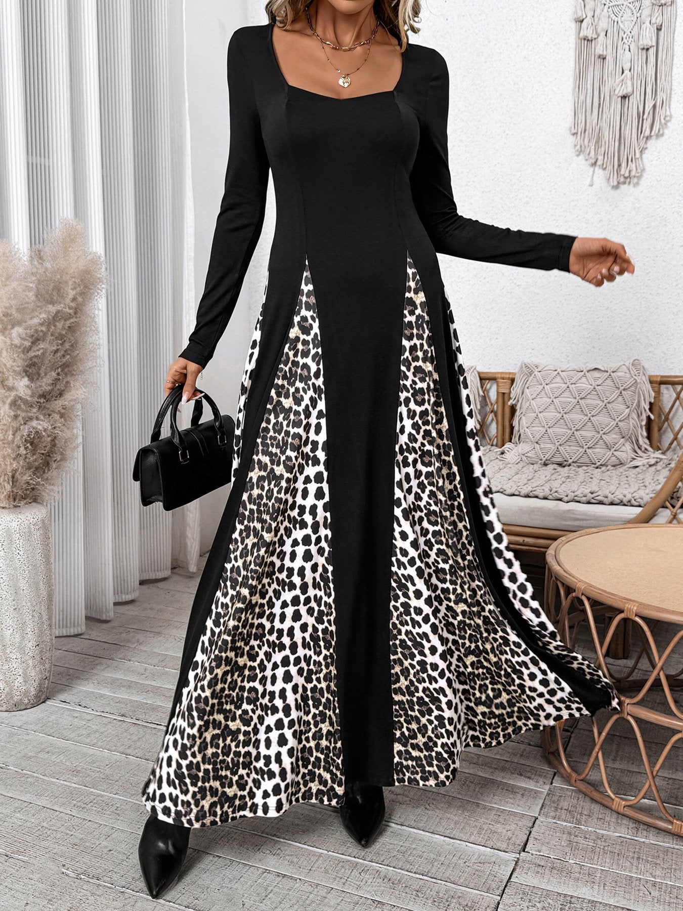 Vintage Regular Fit Others Leopard Dress With No