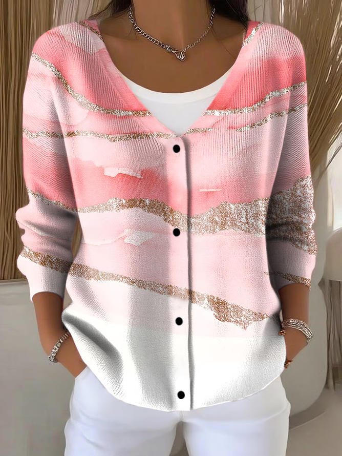 Women's Abstract Print Casual V-Neck Button Long Sleeve Cardigan