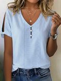 Elegant Striped V Neck Regular Fit T-Shirt