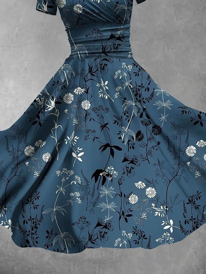 Women’s Blue Floral Print Wrap V Neck Short Sleeve Midi Dress Elegant Summer Dress