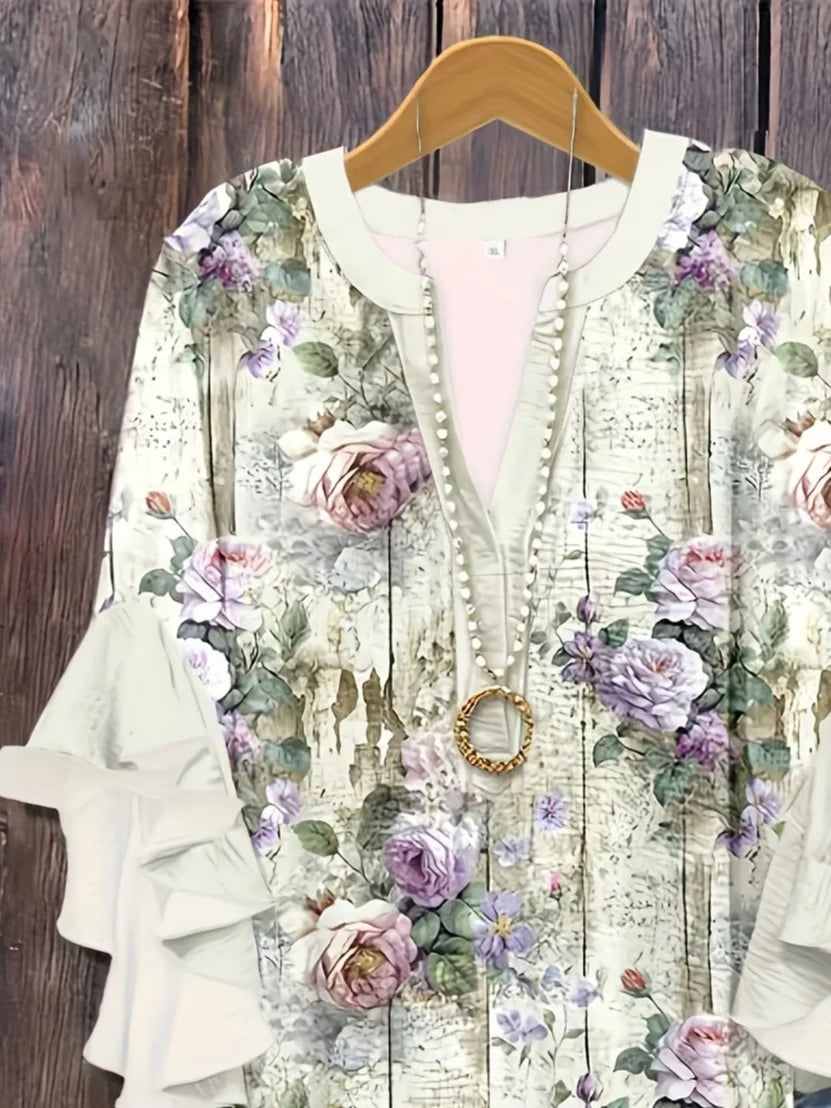 Women's Half Sleeve Shirt Summer White Floral Printing V Neck Daily Going Out Casual Top