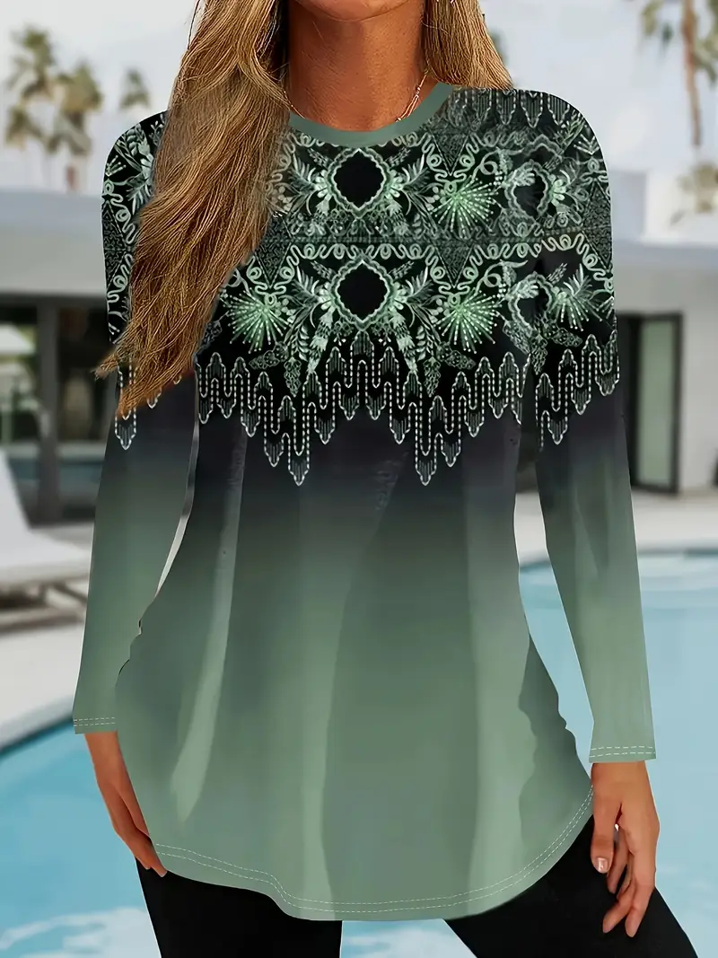Women's Long Sleeve T-shirt Spring/Fall Green Ethnic Printing Jersey Crew Neck Daily Going Out Casual Top