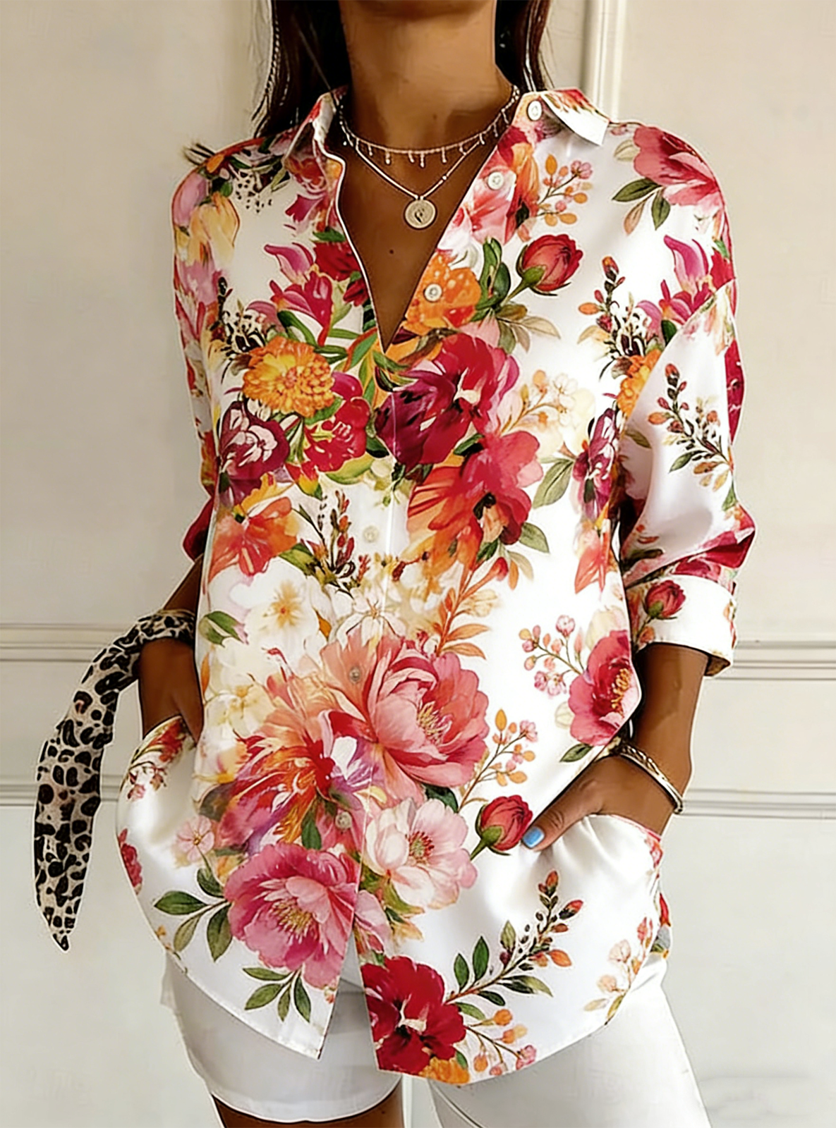 Floral Loose Simple Shirt Collar Shirt