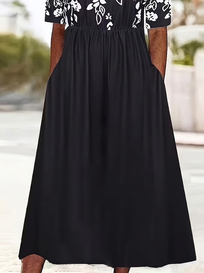 Women's Short Sleeve Summer Black Floral Printing Crew Neck Daily Going Out Casual Maxi H-Line Shift Dress Dress