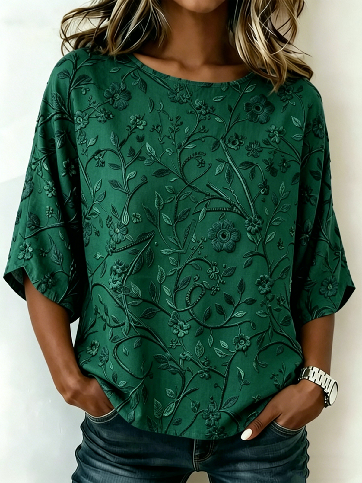 Women's Purple Floral Print Blouse Round Neck Short Sleeve Casual Top