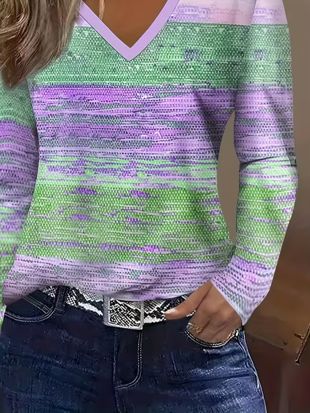 Women's Long Sleeve T-shirt Spring/Fall Purple Abstract Printing Jersey V Neck Daily Going Out Casual Top