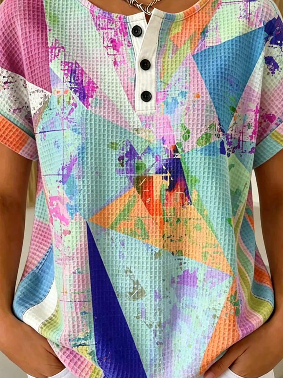Multicolor Block Loose Others Casual T-Shirt