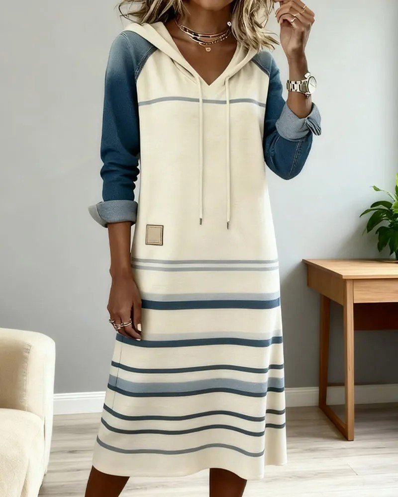 Multicolor Block Casual Hoodie Sweashirt Dress With No