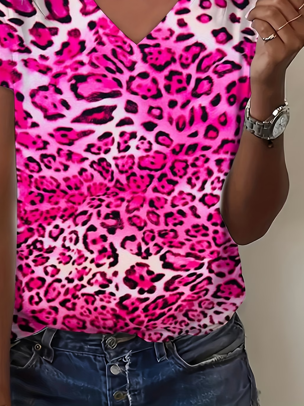 Women's Short Sleeve T-shirt Summer Rose Red Leopard Printing V Neck Holiday Going Out Vintage Top