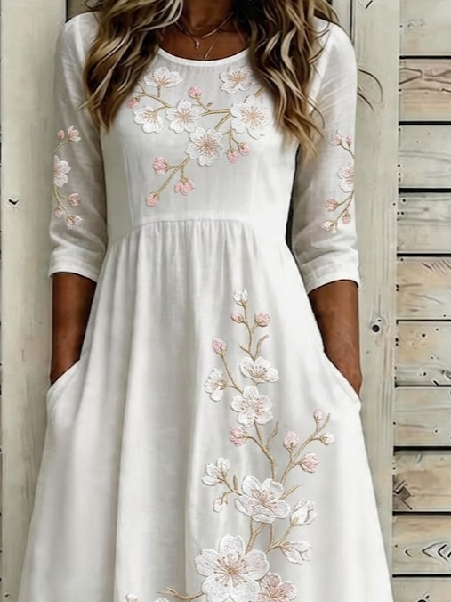 Women's Half Sleeve Summer White Floral Printing Crew Neck Daily Going Out Casual Maxi H-Line Dress