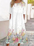 Women's White Floral Print Maxi Dress Short Sleeve Casual Loose Dress with Pockets