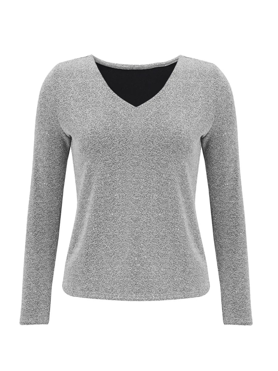 Women's Long Sleeve T-shirt Spring/Fall Silver Plain Split Joint Polyester Cotton V Neck Daily Going Out Casual Top