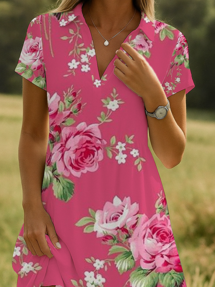 Women's Floral Print Lapel Short Sleeve Dress