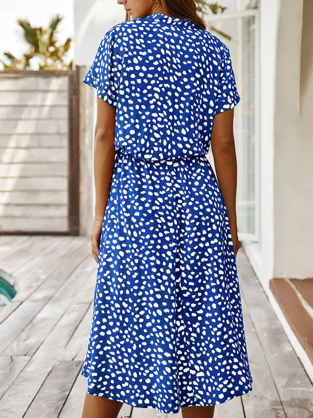 Women's Short Sleeve Summer Blue Polka Dots Split Joint V Neck Daily Going Out Vintage Maxi A-Line T-Shirt Dress Dress