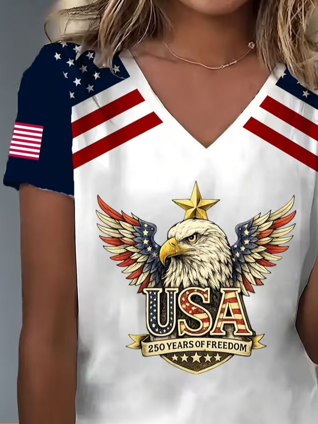 Women's USA 250th Anniversary Short Sleeve T-shirt Summer White Text Letters Jersey V Neck Holiday Going Out Casual Top
