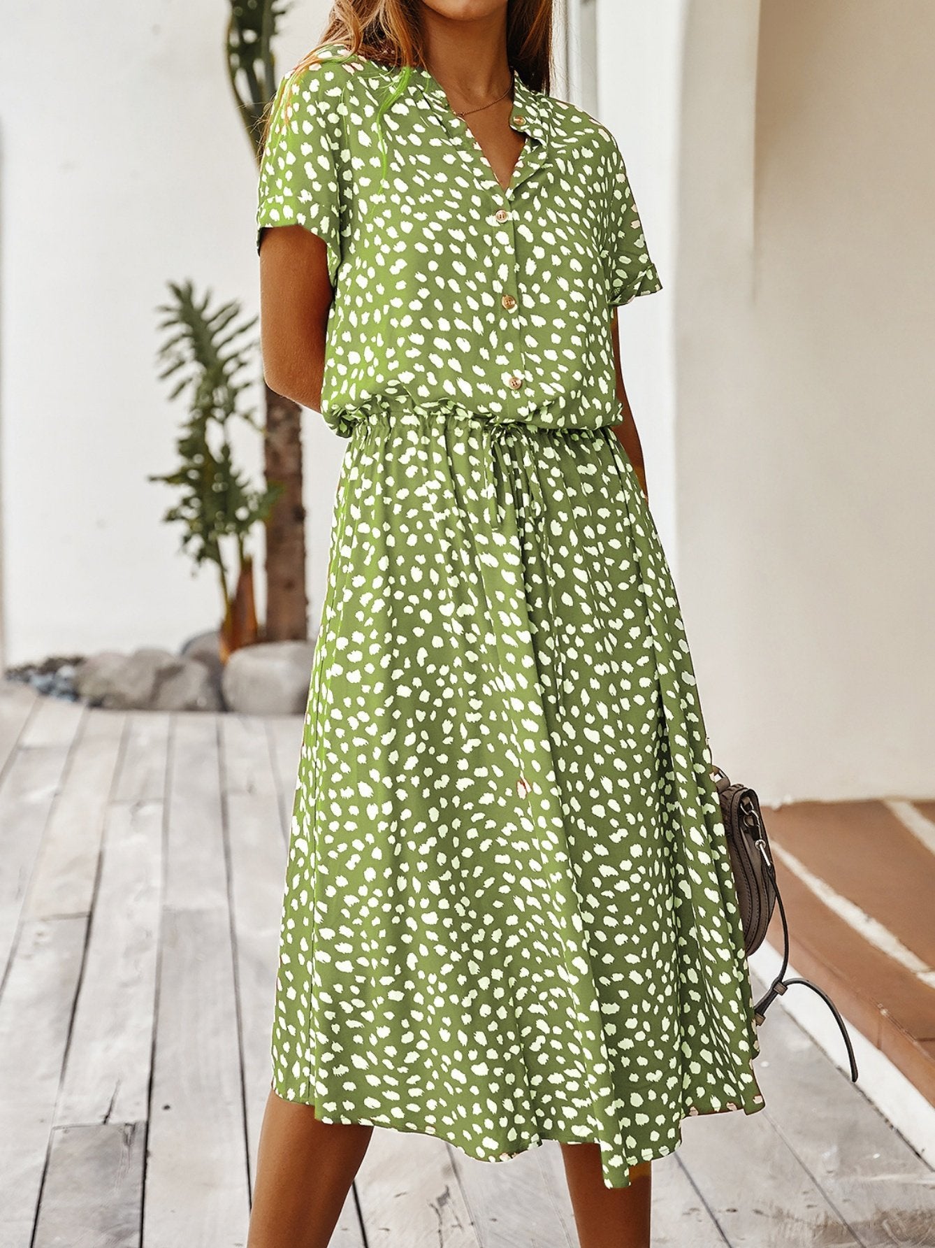 Women's Short Sleeve Summer Blue Polka Dots Split Joint V Neck Daily Going Out Vintage Maxi A-Line T-Shirt Dress Dress