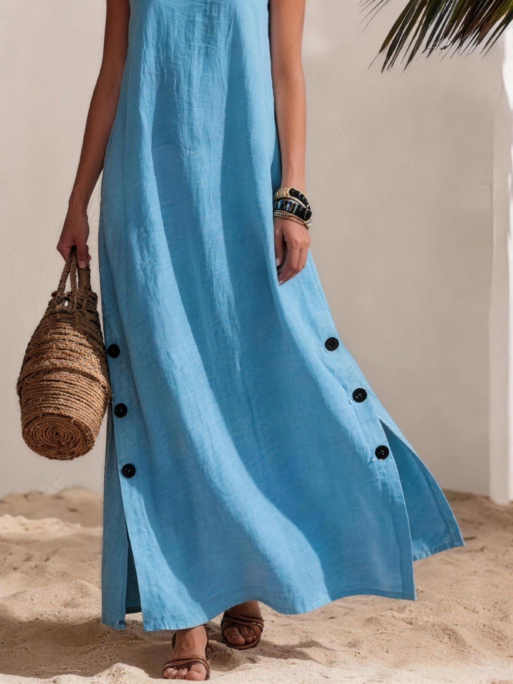 Casual Color Block Buttoned Mock Neck Maxi Dress