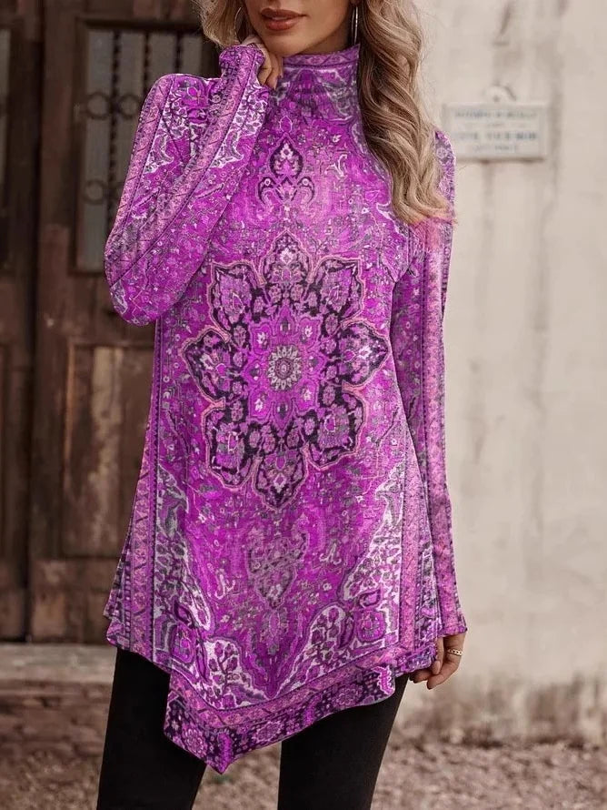 Women's Long Sleeve T-shirt Spring/Fall Purple Floral Printing Mock Neck Daily Going Out Vintage Top