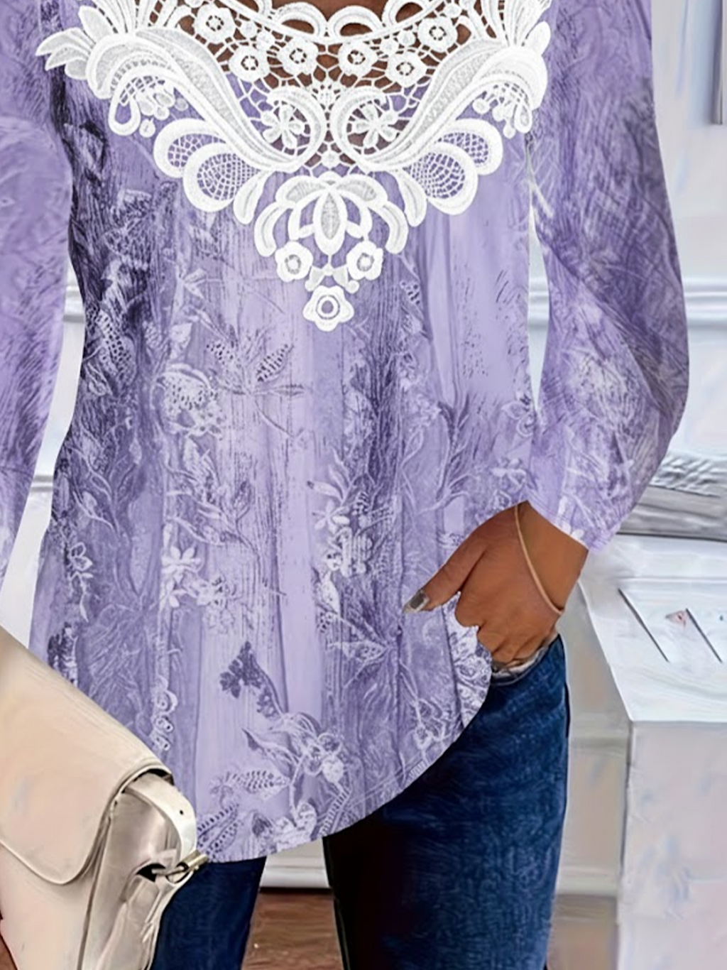 Women's Long Sleeve T-shirt Spring/Fall Purple Abstract Printing Crew Neck Daily Going Out Casual Top