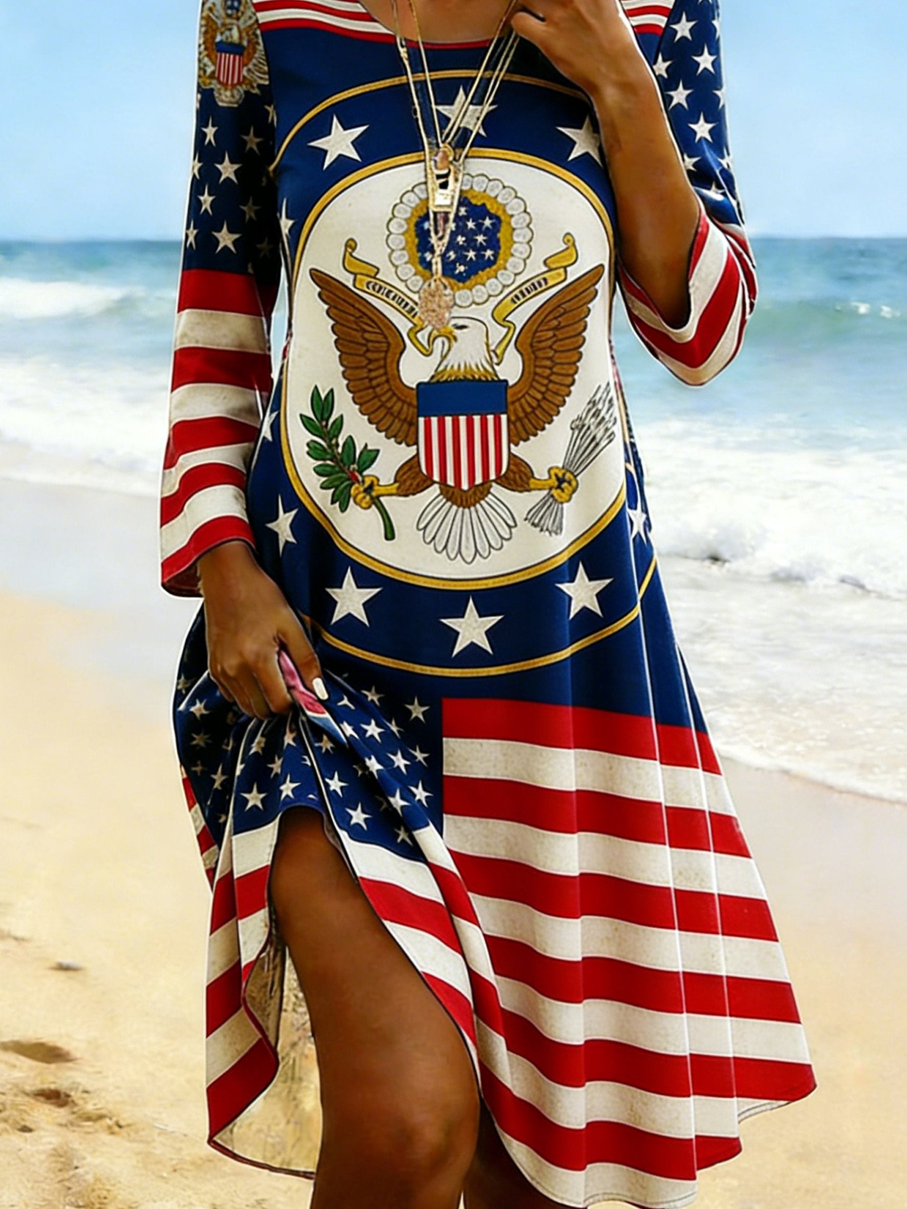 Women Eagle Old Glory Spring Summer Dress America Flag Crew Neck 250th Anniversary Dress