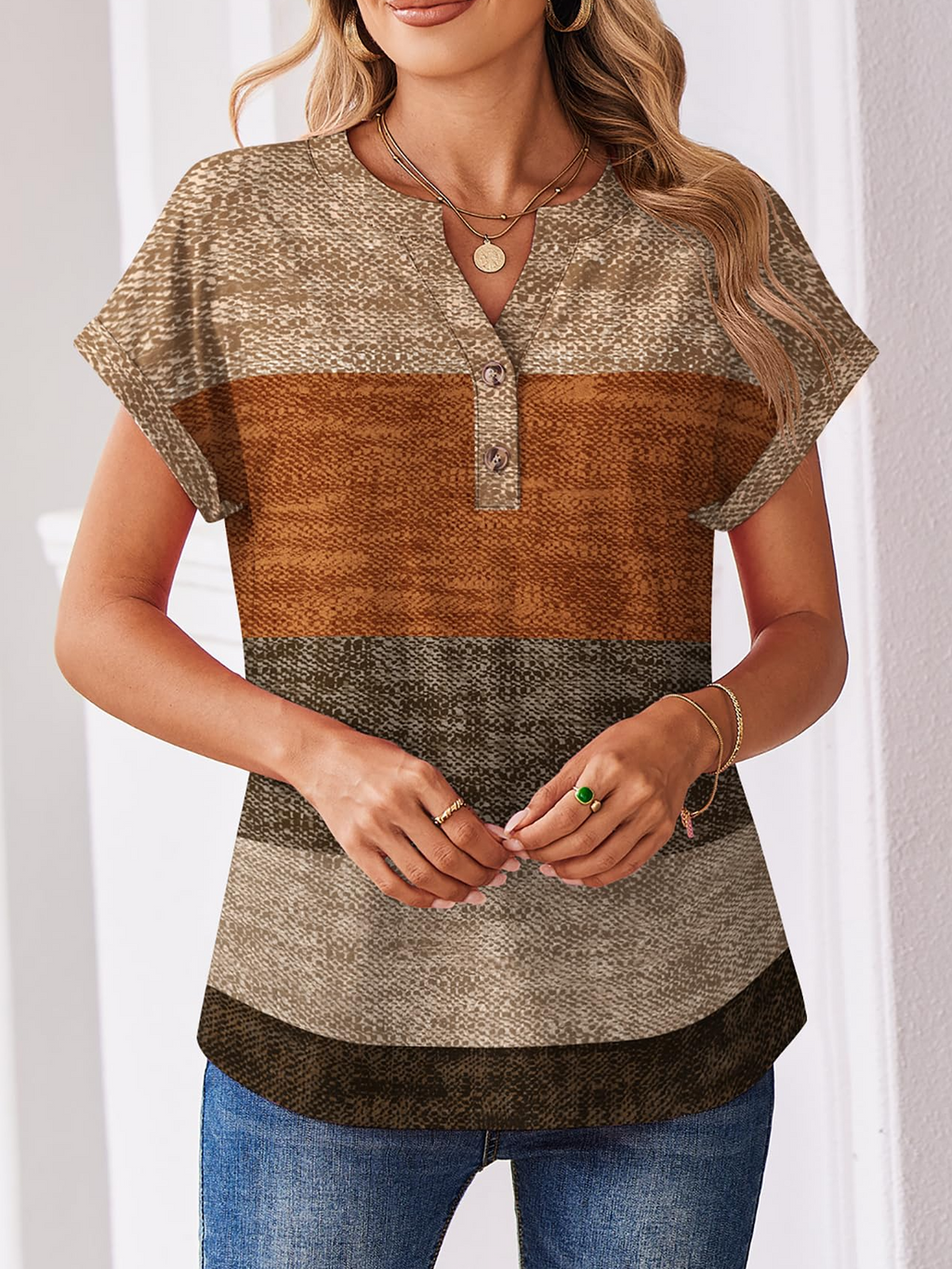 V Neck Elegant Geometric Cotton T-Shirt